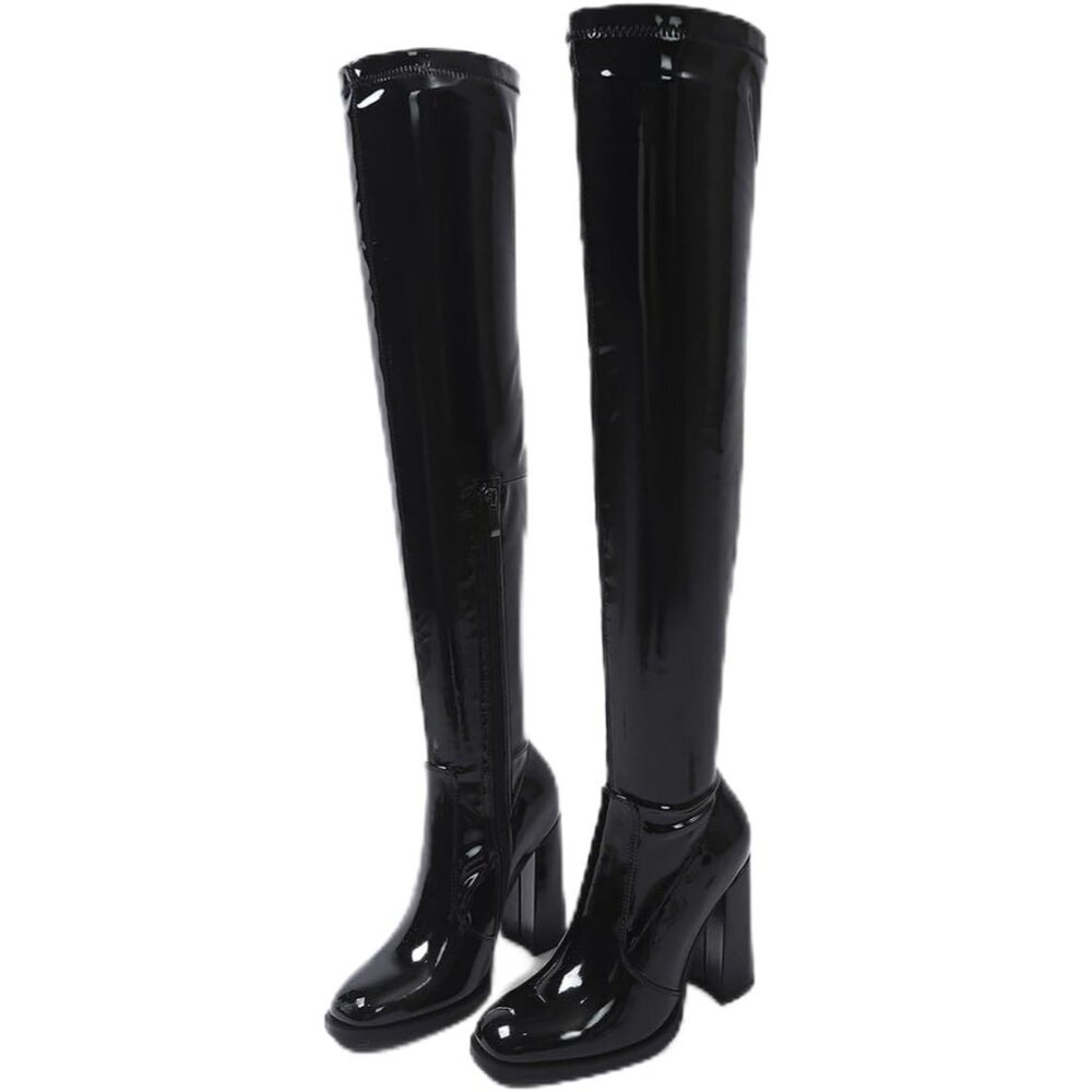 Women's Black Thigh High Over The Knee Leather Heels Long Sexy Round Toe Boots